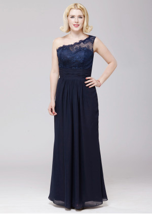 One Shoulder Navy Blue Lace Chiffon Long Bridesmaid Dress